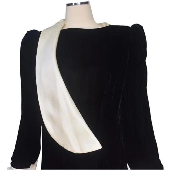 Carolina Herrera Black Velvet Ivory Satin Evening Gown Dress Long Sleeves 14 - Picture 2 of 8